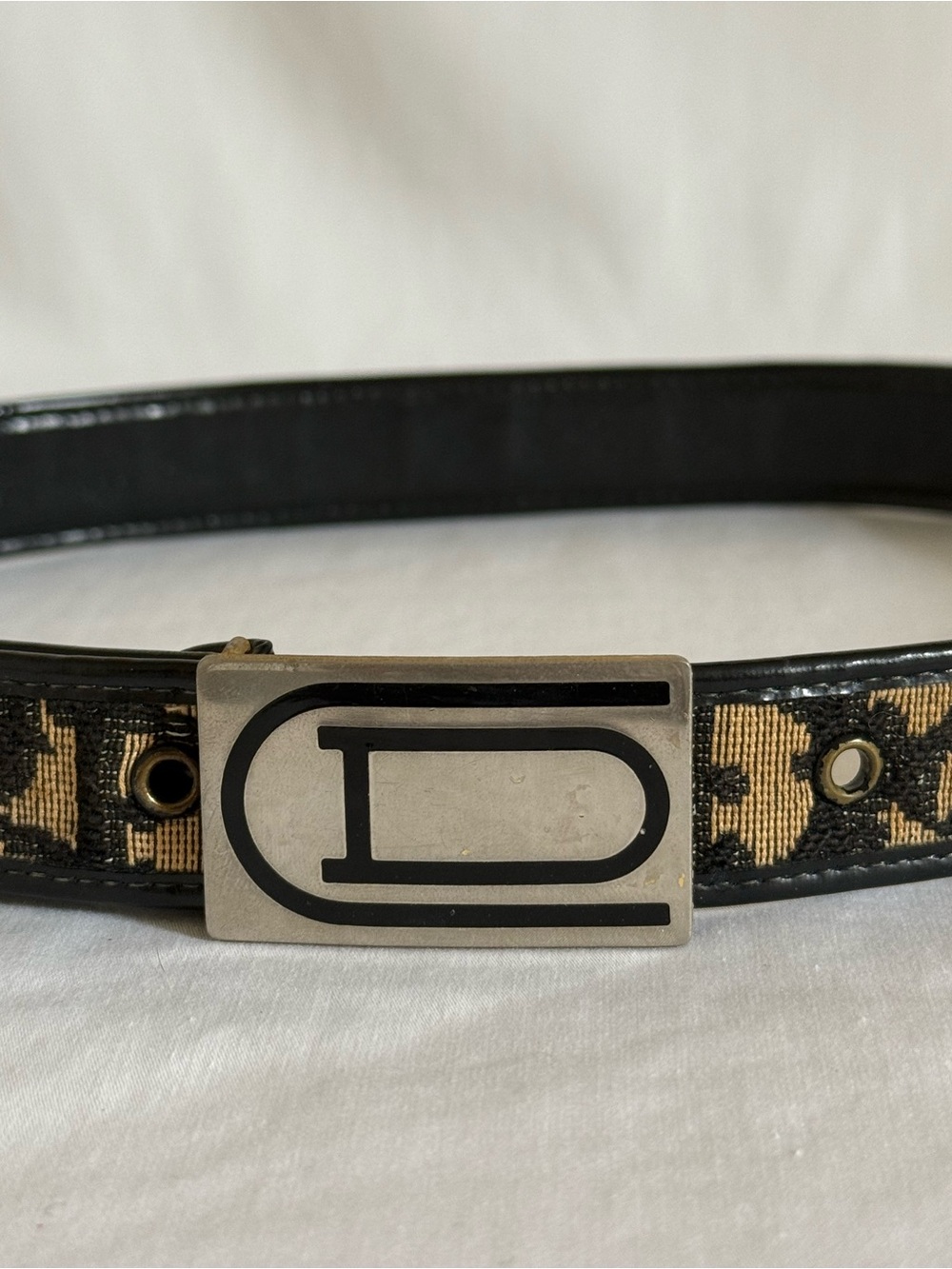 Christian Dior Belt Oblique Monogram Canvas Black Tan CD Buckle Vintage - Picture 3 of 6